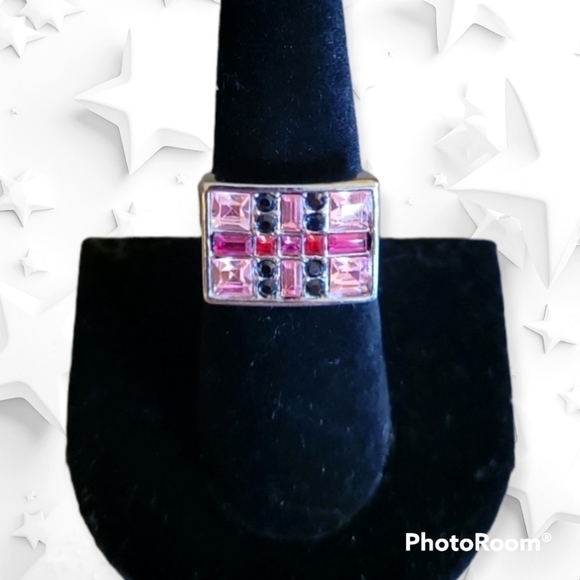 Givenchy Pink Crystal Rectangle Gunmetal Atomic Modernist Adjustable Ring - Picture 1 of 6